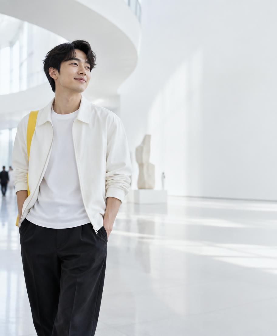A young man in a bright public gallery beside an AgentZ gold trade setup