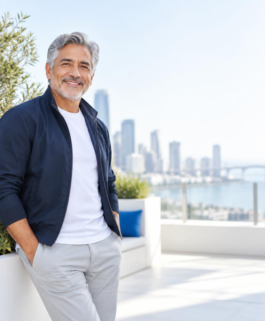 A mature man on a bright public terrace beside an AgentZ Hype trade setup
