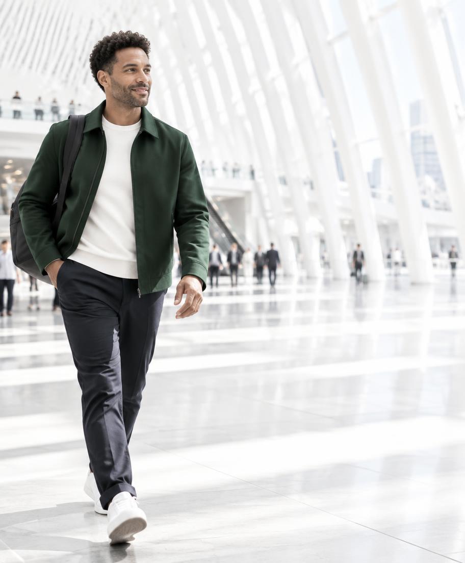 A man walking through a bright station beside an AgentZ Brent oil trade setup